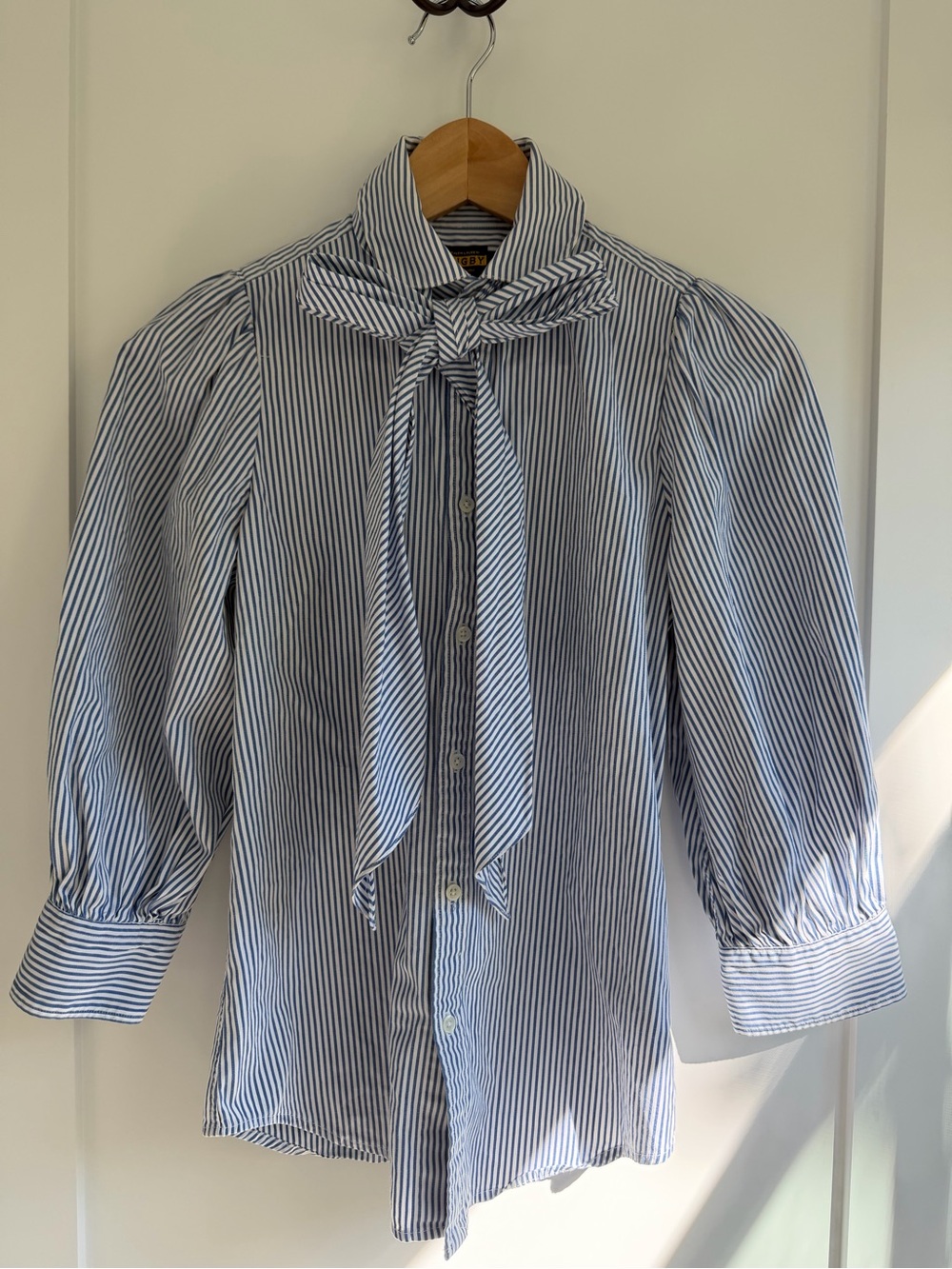 Ralph Lauren Rugby Vintage Blue and White Striped Tie-Neck Dress Shirt